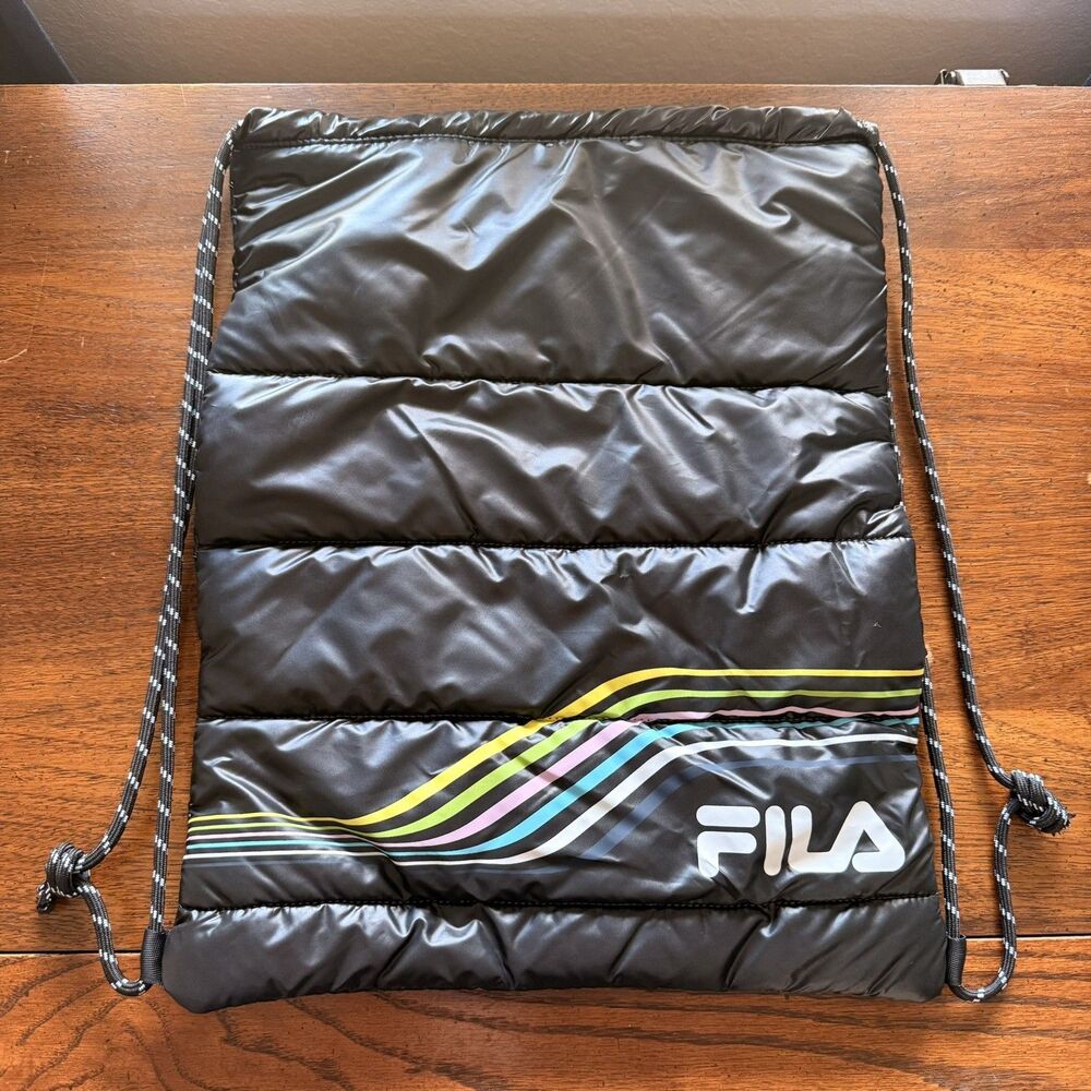 FILA Black Puffer Drawstring Backpack Gym Sack Bag Multicolor Stripe Logo